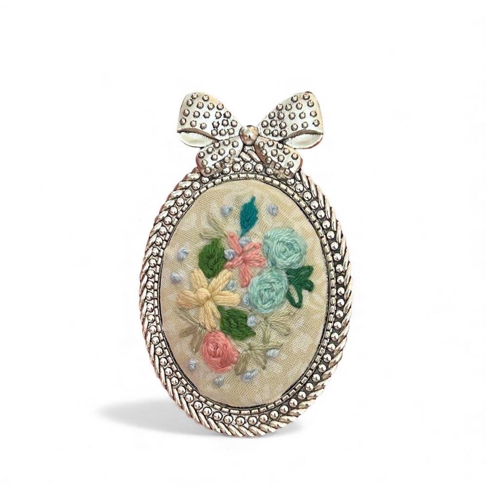Pastel Flower Embroidery Necklace, Handmade Pendant / Broach